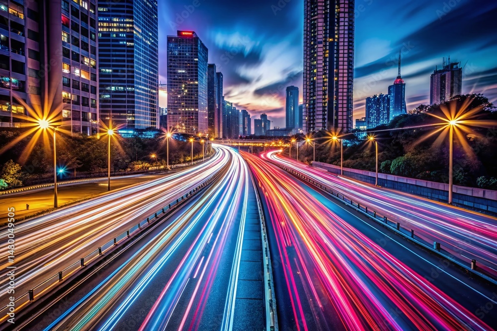 Fototapeta premium Abstract Urban Night Cityscape: Long Exposure Light Trails Highway