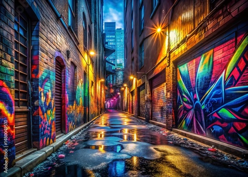 Abstract Urban Graffiti Art: Dark Alleyway Spray Paint Patterns