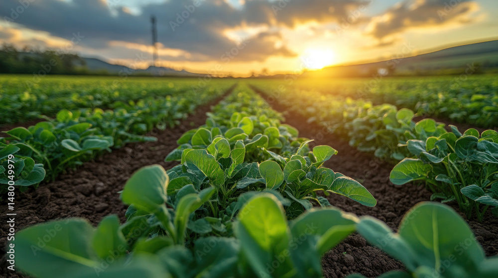 Vast modern farmland with precision irrigation grids, solar panels, and data towers visible on the horizon Vast modern farmland with precision irrigation grids, solar panels, and data towers visible on the horizon
