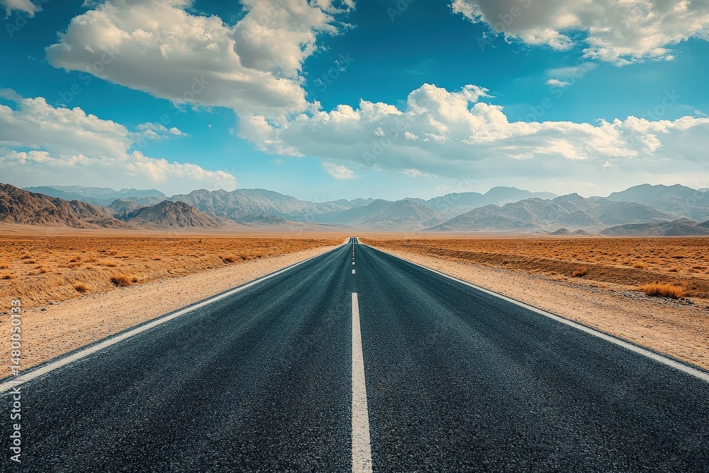 Fototapeta premium Wide Highway Stretching Through Desert Landscape Under Blue Sky With Fluffy Clouds and Distant Mountains in the Background on a Sunny Day