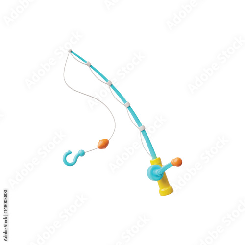 Fishing rod 3D plastic style vector icon, angling equipment, fisherman spinning tool, stick with reel, hook and bobber