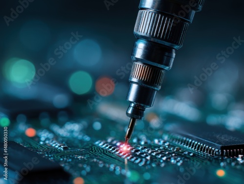 Close up of electronic circuit board being tested with probe in a dark blue environment technology concept
