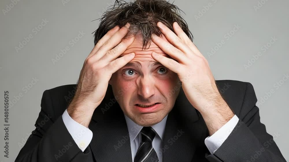 A businessman in distress, holding his head in frustration. Captures the essence of stress and overwhelm. A businessman in distress, holding his head in frustration. Captures the essence of stress and overwhelm.