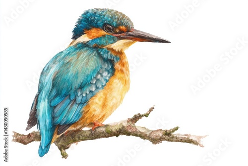 Detailed watercolor painting of a kingfisher bird perched on a branch, close up view, studio shot, vibrant colors