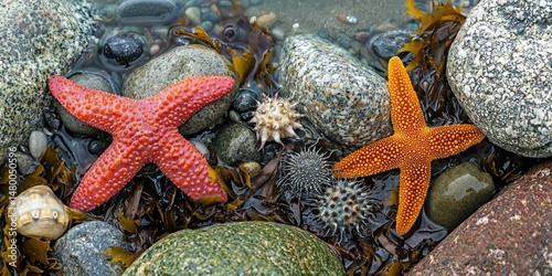 Rocky tidepools alive with sea creatures