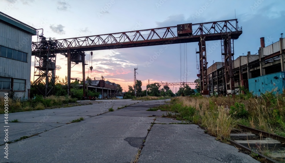 Obraz premium Abandoned Industrial Site with Crane at Dusk in Urban Environment