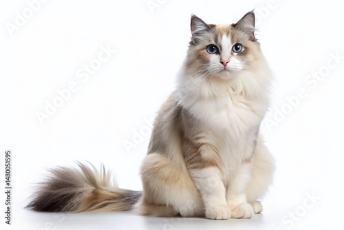 Adorable Ragdoll Cat Sitting Profile, Isolated PNG & White Background Stock Photo
