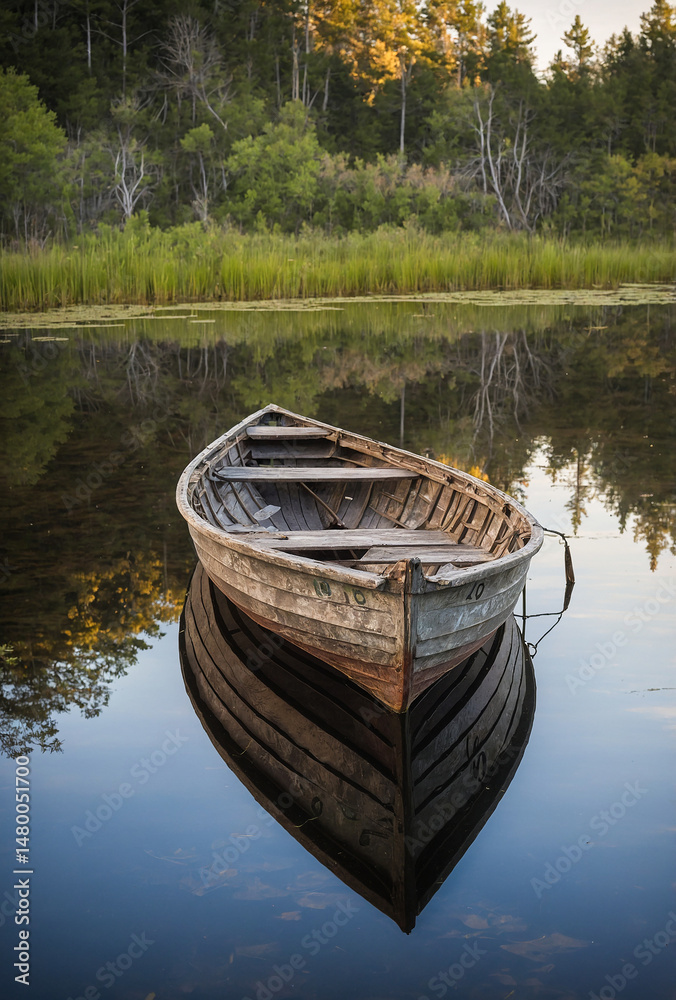 Obraz premium Abandoned Rowboat Reflected in Glassy Lake – Tranquil and Haunting Waterscape