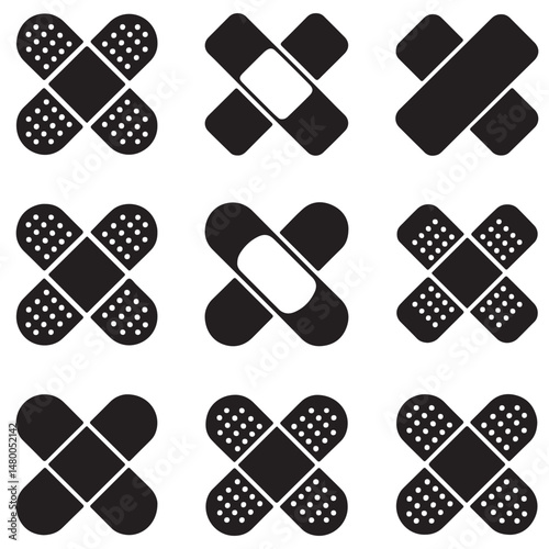 Bandage silhouette icon, Adhesive Bandage Icons Set Black and White