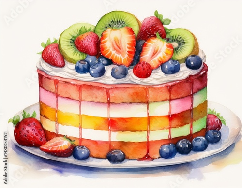 watercolor illustration of a delicious fruit cake with strawberries kiwi and blueberries on creamy topping concept of artistic dessert gourmet pastry sweet bakery and handmade food painting