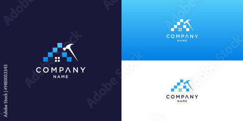 Construction Company Logo with Hammer and Pixelated Roof