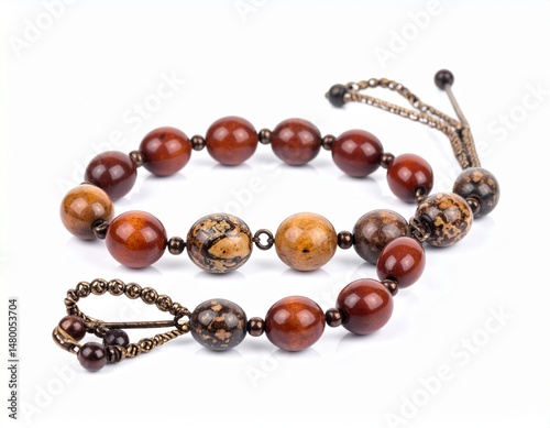 Beaded strand A string of polished spherical beads with knotted decorative chains on white