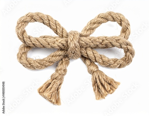 Rustic knot shaped into a bow with tassel ends, against white