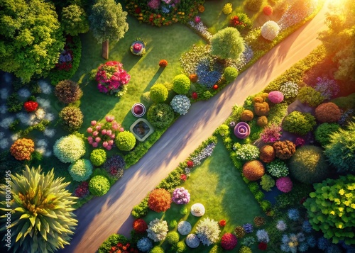 Aerial View: Intricate Line Drawing of Blooming Flowers in a Garden