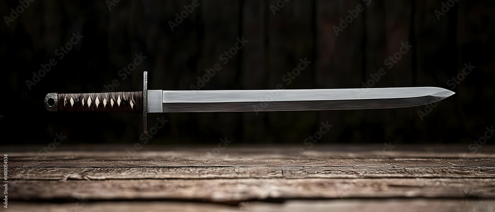 Fototapeta premium Long Sword On Wooden Table