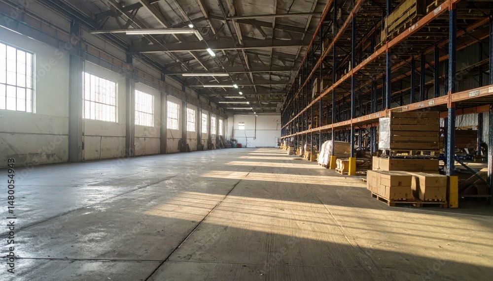 Obraz premium Spacious Empty Warehouse Interior with Sunlight and Shelving Units