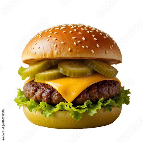 Delicious Juicy Cheeseburger with Fresh Lettuce, Pickles, and Melted Cheese in a Sesame Seed Bun.
