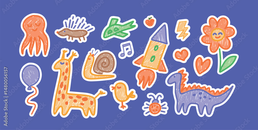 Naklejka premium Set of hand-drawn doodle stickers in colorful childlike style. Dinosaur, giraffe, rocket and snail, octopus, balloon and cartoon elements. Illustration for banner, social media, posters and marketing