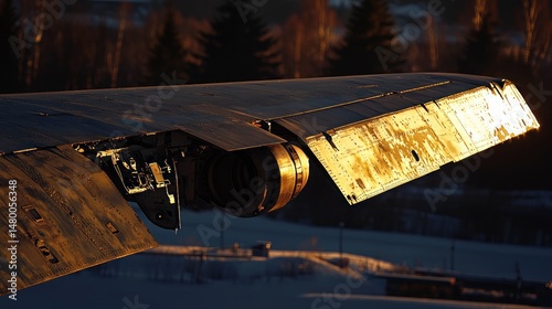 Close-up view of an airplane wing at sunset. photo