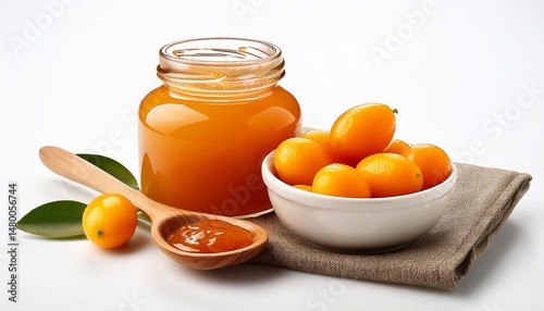 kumquat in bowl jar of jam and wooden spoon on white background