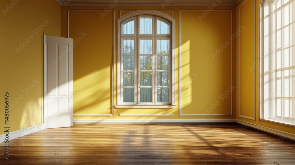 Obraz premium A 4K photo of empty unfurnished room with daylight, yellow wall and wooden floor. Mock up interior. Empty, copy space for your furniture, picture, decoration and other.