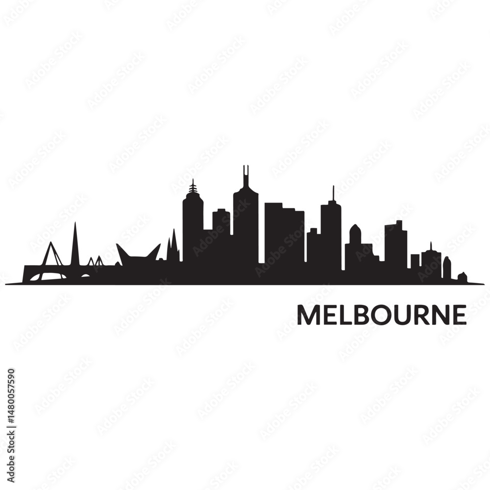 Melbourne skyline horizontal. Black and white silhouette of Melbourne, Australia. Vector template for your design. Vector black silhouette. with white background Melbourne skyline horizontal. Black and white silhouette of Melbourne, Australia. Vector template for your design. Vector black silhouette. with white background