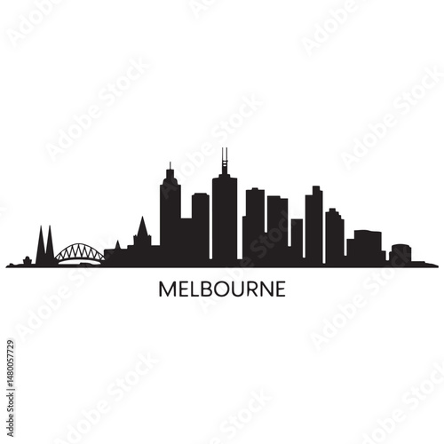 Melbourne skyline horizontal. Black and white silhouette of Melbourne, Australia. Vector template for your design. Vector black silhouette. with white background
