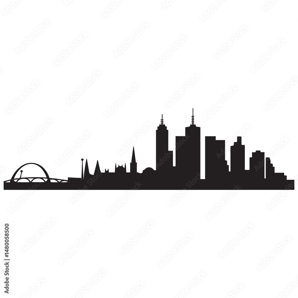 Naklejka premium Melbourne skyline horizontal. Black and white silhouette of Melbourne, Australia. Vector template for your design. Vector black silhouette. with white background