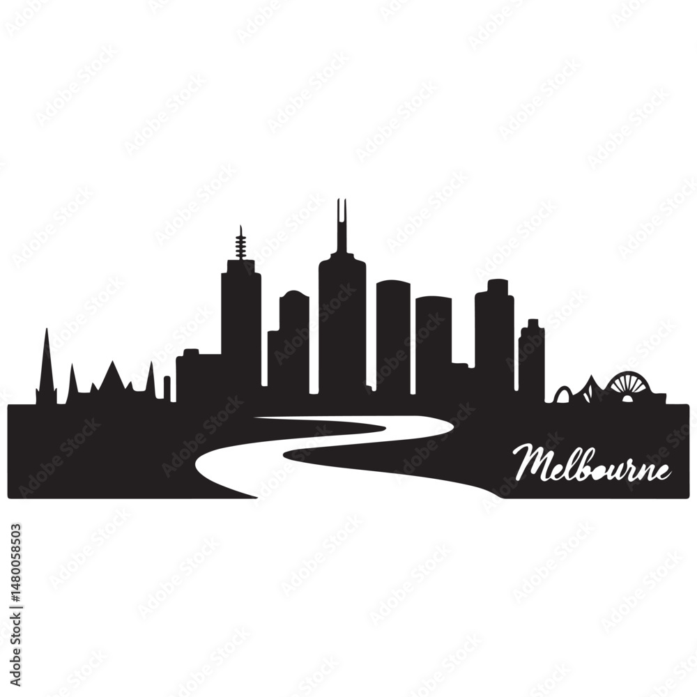 Obraz premium Melbourne skyline horizontal. Black and white silhouette of Melbourne, Australia. Vector template for your design. Vector black silhouette. with white background