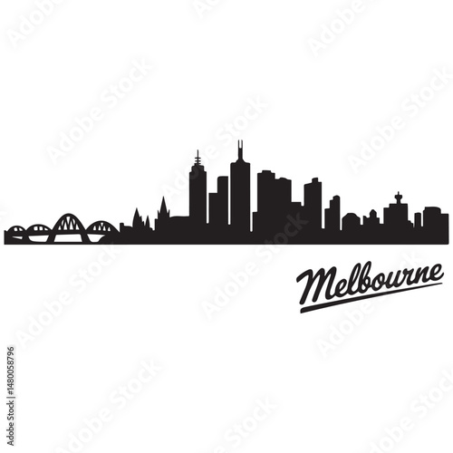 Melbourne skyline horizontal. Black and white silhouette of Melbourne, Australia. Vector template for your design. Vector black silhouette. with white background
