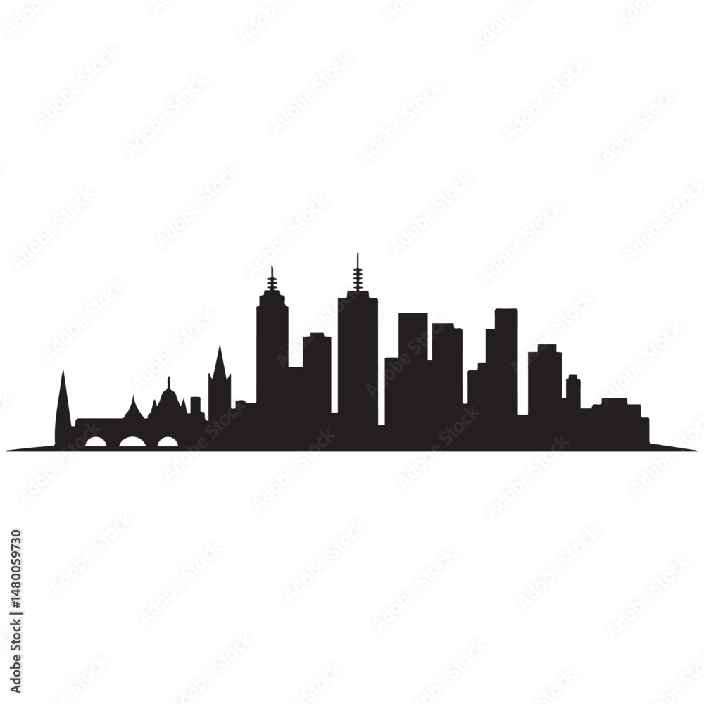 Naklejka premium Melbourne skyline horizontal. Black and white silhouette of Melbourne, Australia. Vector template for your design. Vector black silhouette. with white background