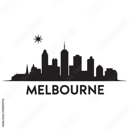 Melbourne skyline horizontal. Black and white silhouette of Melbourne, Australia. Vector template for your design. Vector black silhouette. with white background