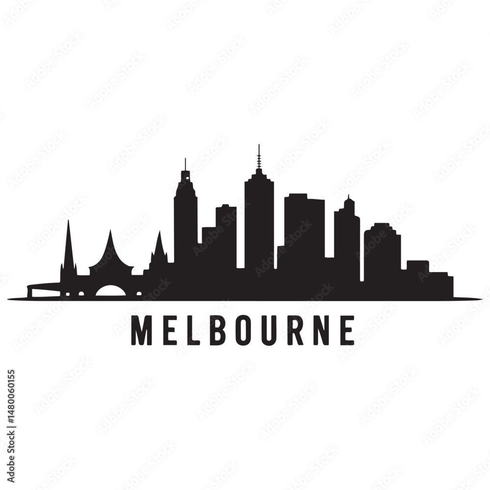 Obraz premium Melbourne skyline horizontal. Black and white silhouette of Melbourne, Australia. Vector template for your design. Vector black silhouette. with white background