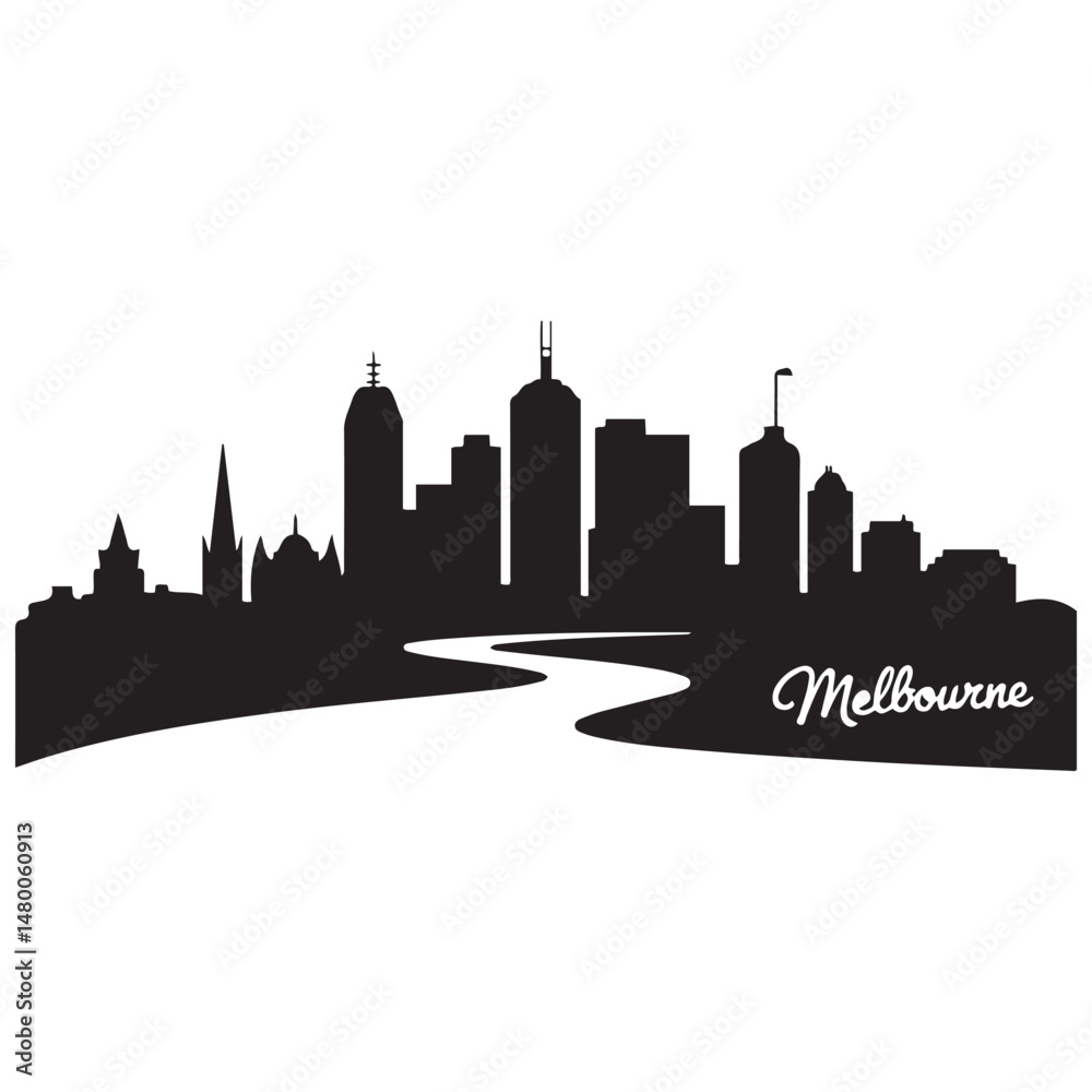 Obraz premium Melbourne skyline horizontal. Black and white silhouette of Melbourne, Australia. Vector template for your design. Vector black silhouette. with white background