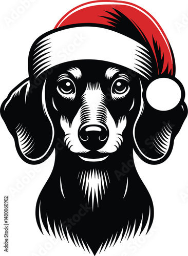 Dachshund wearing Santa hat head, Christmas illustration vector black silhouette on white background in centre

