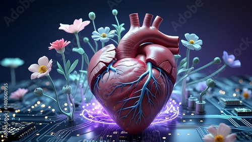 Surreal Blue light illuminates a detailed human heart anatomy model