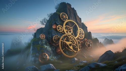 surreal mountain with clock gears embedded in rock face, gears rotate slowly as sun rises