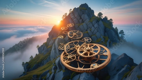 surreal mountain with clock gears embedded in rock face, gears rotate slowly as sun rises