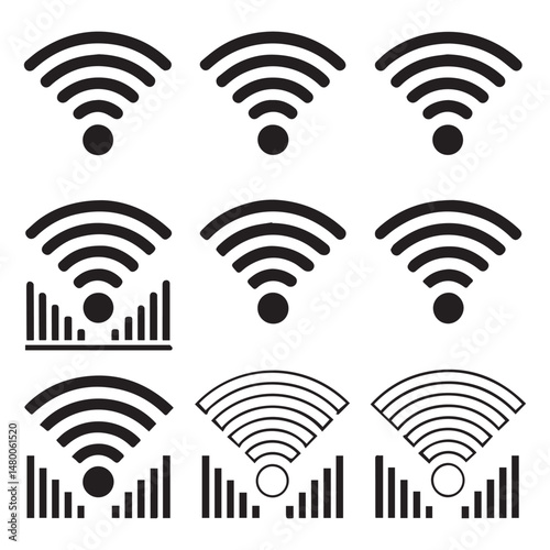 WiFi Icon Set,Wireless Internet symbol,Different black wifi icons,wi-fi signal black wireless icons set, Network connection symbols,wi-fi icon sign for remote internet access. Vector illustration,tele