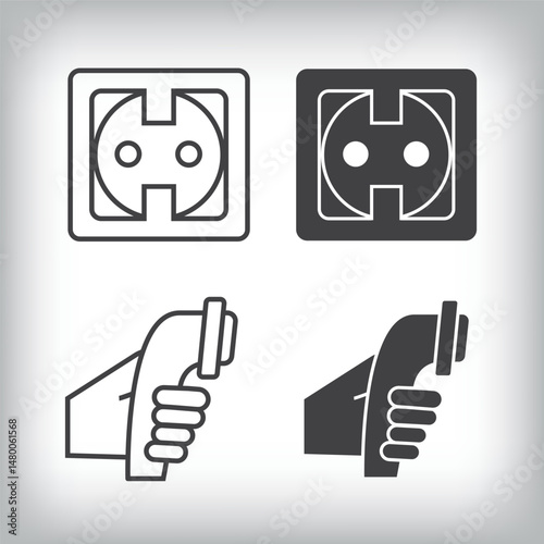 Artistic design of plug socket and hand charger. Simple linear and flat electric charging icon set.