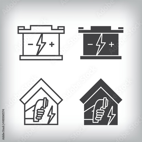 Battery storage and home charging artistic design. Simple linear and flat electric charging icon set.