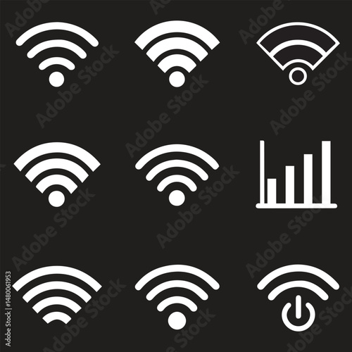 WiFi Icon Set,Wireless Internet symbol,Different black wifi icons,wi-fi signal black wireless icons set, Network connection symbols,wi-fi icon sign for remote internet access. Vector illustration,tele