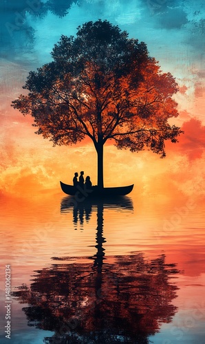 Silhouette of family in a boat beneath fiery tree reflected on serene water shows peace