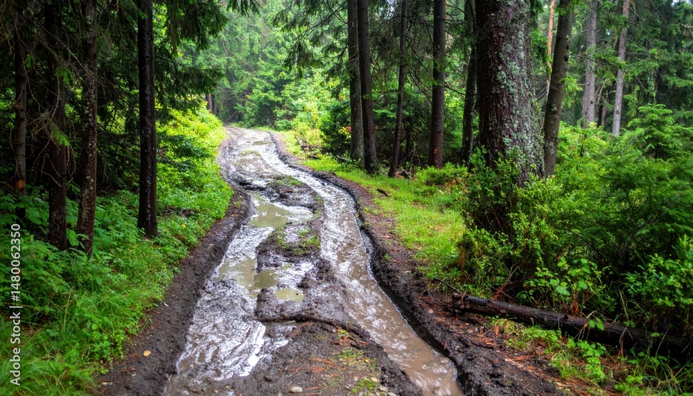 Obraz premium Serene Muddy Trail in Dense Forest Surrounded by Lush Greenery