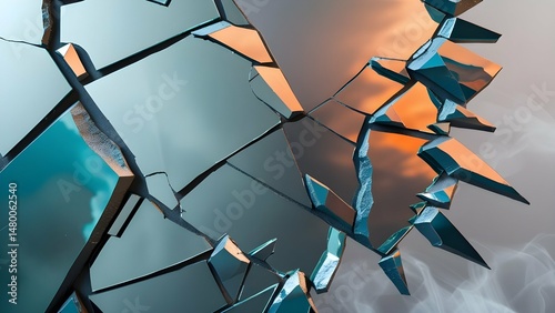 Surreal broken and cracked glass with the reflection of the sunset beside it