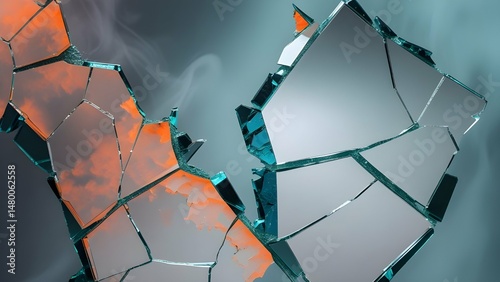 Surreal broken and cracked glass with the reflection of the sunset beside it