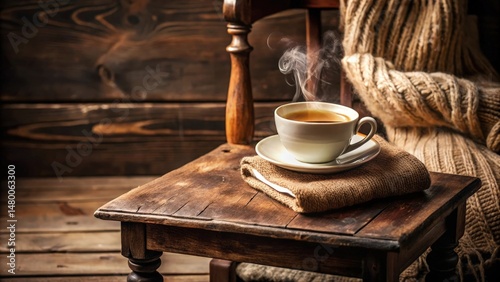 A steaming cup of tea sits on a rustic wooden table, inviting you to relax and unwind with a good book and a warm knitted blanket.