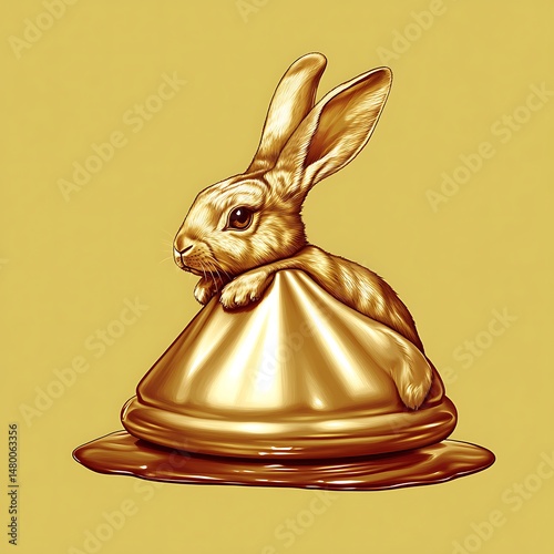 A golden bunny rabbit perched atop a glossy chocolate treat illustration