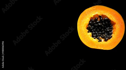 Halved papaya, vibrant orange flesh, black seeds, isolated on black background