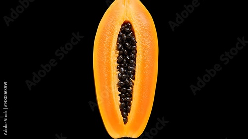 Ripe papaya halved, showcasing vibrant orange flesh and numerous dark seeds against a stark black background